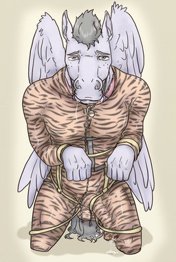 anthro bdsm bodily_fluids bondage bound bulge clothing collar cum cum_in_clothing cum_in_pants cum_through_clothing cum_through_pants degradation detailed_bulge drooling genital_fluids genital_outline latex male master penis_outline saliva slave solo tight_clothing wet wet_clothing wings lavilovi mythology equid equine mammal mythological_creature mythological_equine pegasus hi_res