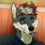 anthro black_nose clothing condom fur hair heterochromia iroquois looking_at_viewer male russia russian sexual_barrier_device shirt simple_background smile solo t-shirt topwear wall_(structure) wall_panel coldy_the_wolf canid canine mammal 1:1 2019 digital_media_(artwork) icon