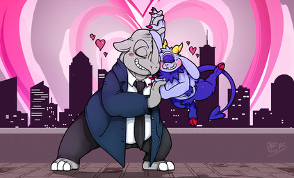 1_eye accessory anthro blush blush_lines curved_horn duo eyes_closed facial_horn floppy_ears fur grey_body grey_skin heart_(marking) hooves horn male markings multicolored_body multicolored_fur necktie nose_horn purple_body purple_fur shortstack shortstack_anthro shortstack_male smile spade_tail suit_jacket tail two_tone_body two_tone_fur arty_the_frog prince_gamon_(1mp) bovid caprine caprine_demon demon imp mammal rhinoceros hi_res