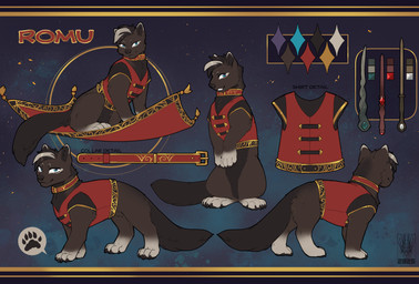 ambiguous_gender clothing collar feral fur magic_carpet magic_wand paws solo text topwear vest wand pixelflare romu_(character) gulonine mammal marten mustelid musteline sable_(marten) digital_drawing_(artwork) digital_media_(artwork) english_text hi_res letterbox model_sheet