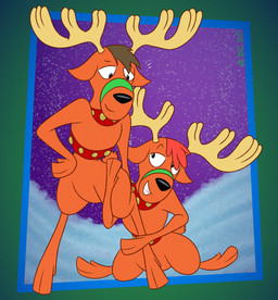 anthro antlers bell bell_harness black_nose brown_hair cloven_hooves duo fur hair harness holding_onto_partner hooves horn jingle_bell jingle_bell_harness kneeling looking_down looking_down_at_partner looking_up_at_partner male male/male orange_body orange_fur red_hair snow toony gavanzude conan_pose spot's_magical_christmas spot_the_dog_(series) brown_reindeer_(spot) red_reindeer_(spot) deer mammal new_world_deer reindeer alternate_version_at_paywall digital_drawing_(artwork) digital_media_(artwork) hi_res signature
