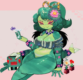 4_arms accessory anthro beverage big_breasts blush blush_lines bottomless breasts cleavage clothed clothing fangs female flower flower_in_hair front_view green_body green_hair grey_clothing grey_topwear hair hair_accessory holding_beverage holding_object looking_at_viewer multi_arm multi_eye multi_limb navel pink_background plant red_eyes simple_background sitting solo teeth thick_thighs topwear wide_hips miaval_tec microsoft minecraft mojang xbox_game_studios arachnid arthropod cave_spider spider hi_res
