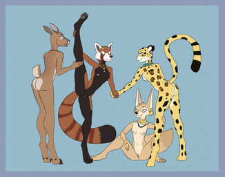 4_toes anthro black_body black_fur black_pawpads black_spots breasts brown_body brown_fur butt claws countershade_breasts countershade_face countershade_torso countershading dewclaw_hooves digitigrade ear_piercing ear_ring feet female female/female flexible front_view fur genitals gold_(metal) gold_jewelry group hand_holding hand_on_leg hand_on_thigh hooves humanoid_genitalia jade_(gem) jewelry long_ears navel necklace nipples nude one_leg_up pawpads paws piercing raised_leg rear_view ring_piercing scut_tail short_tail side_boob simple_background sitting soles splits spots spread_legs spreading standing stretching stretching_legs tail tan_body tan_fur toe_claws toes unguligrade vertical_splits vulva white_body white_fur yellow_body yellow_fur scribefang antiw_(scribefang) constance_(scribefang) qiulian_(scribefang) sak_ich'aak_(scribefang) ailurid canid canine deer felid fennec_fox fox jaguar mammal new_world_deer pantherine red_panda roe_deer true_fox 2025 digital_drawing_(artwork) digital_media_(artwork) hi_res