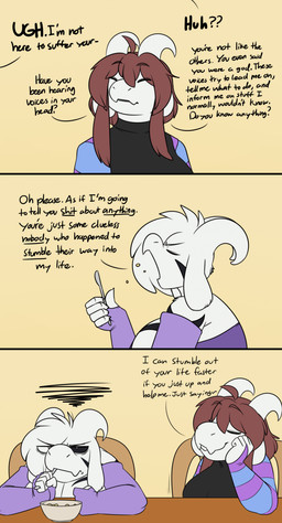 2_horns alternate_species anthro black_clothing breasts brown_hair cereal clothing crossgender cutlery dialogue duo female food fur hair horn kitchen_utensils mtf_crossgender profanity purple_clothing spoon text tools white_body white_fur robertge undertale undertale_(series) asriel_dreemurr_(god_form) frisk_(robertge) frisk_(undertale) bovid caprine goat mammal 2025 absurd_res comic english_text hi_res