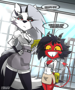 2_horns anthro biped black_bra black_clothing black_eyes black_gloves black_hair black_handwear black_legwear black_nose black_stockings black_underwear bottomwear bra breasts cheek_tuft choker cleavage clothed clothing collared_shirt dialogue dress_shirt duo ear_piercing facial_tuft female fingerless_gloves fluffy fluffy_tail front_view frown gloves grey_hair grin hair hand_on_hip hand_on_own_hip handwear holding_folder holding_object horn jewelry larger_female legwear long_hair looking_at_viewer necklace office piercing red_body red_sclera shirt short_hair size_difference skirt smaller_female smile spade_tail speech_bubble standing stockings tail text thigh_highs topwear tuft underwear white_body white_eyes yellow_sclera h1draw hellaverse helluva_boss mythology loona_(helluva_boss) millie_(helluva_boss) canid canid_demon canine demon hellhound humanoid imp mammal mythological_canine mythological_creature 2025 absurd_res english_text hi_res