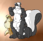 anthro belly big_belly black_body black_fur blonde_hair brown_body brown_fur claws duo feet fur hair looking_at_viewer male male/male nude pregnant pregnant_anthro pregnant_male sitting skunk_tail smile standing white_body white_fur white_hair pandottermon mammal mephitid mustelid otter skunk taur