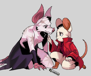 anthro bat_nose bat_wings big_ears clothing crouching duo eye_contact female fur longcoat looking_at_another male male/female membrane_(anatomy) membranous_wings red_clothing shirtless_male tail topwear vest vial white_body white_fur wings gptroh20040 mina_the_hollower yacht_club_games mina_(mina_the_hollower) thorne_(mina_the_hollower) bat mammal mouse murid murine rodent low_res