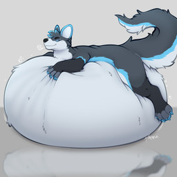 abdominal_bulge anthro belly big_belly digestion fur grey_body huge_belly hyper hyper_belly immobile lying male on_front onomatopoeia overweight resting_on_belly simple_background solo sound_effects tail text vore makar-ro sitka_(blancmont) gulonine mammal marten mustelid musteline pine_marten 1:1 digital_media_(artwork) hi_res