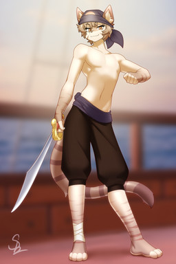 anthro clothed clothing looking_at_viewer male melee_weapon pirate ship solo sword topless topless_anthro topless_male vehicle watercraft weapon nariikhan jeremy_maslin domestic_cat felid feline felis mammal hi_res