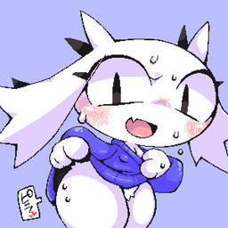 3_fingers anthro blue_clothing blue_sweater blue_topwear blush bodily_fluids bottomless breasts cleavage clothed clothing clothing_lift clothing_pull crotch_tuft eyelashes facial_scar fangs female fingers floppy_ears fur heart_symbol huge_hips huge_thighs looking_at_viewer open_mouth paws scar shirt shirt_lift shirt_pull small_breasts solo sweat sweatdrop sweater sweater_only teeth text thick_thighs three-quarter_view topwear topwear_only topwear_pull tuft white_body white_fur wide_hips x_scar mukomizu cave_story sue_sakamoto lagomorph mammal mimiga 1:1 2025 absurd_res digital_drawing_(artwork) digital_media_(artwork) hi_res japanese_text portrait three-quarter_portrait