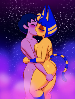 anthro big_butt blue_body blue_fur blue_hair blush breasts brown_hair butt duo eyelashes eyes_closed featureless_hands female female_on_human fur hair human_on_anthro interspecies kissing love male male/female male_on_anthro markings night nude romantic romantic_ambiance romantic_couple short_hair star striped_markings striped_tail stripes tail tail_markings tan_body tan_skin thick_thighs uraeus wide_hips y_shaped_butt_crack yellow_body yellow_fur lovetopullmicke animal_crossing ankha_zone nintendo ankha_(animal_crossing) villager_(animal_crossing) domestic_cat felid feline felis human mammal absurd_res hi_res