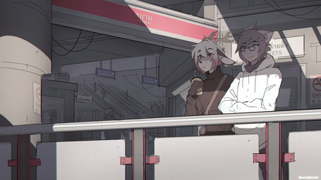 :< ambiguous_gender anthro antlers bag beverage bubble_tea clothed clothed_anthro clothing detailed_background duo eye_through_hair eyebrow_through_hair eyebrows eyewear fully_clothed fully_clothed_anthro fur glasses grey_body grey_clothing grey_fur grey_hair grey_sweater grey_topwear hair holding_beverage holding_bubble_tea holding_object hoodie horn inner_ear_fluff light mouth_closed sweater text topwear translucent translucent_hair tuft wearing_glasses white_clothing white_hoodie white_topwear notglacier jin_(notglacier) silvermist_(notglacier) deer domestic_cat felid feline felis mammal 2018 absurd_res digital_drawing_(artwork) digital_media_(artwork) english_description english_text hi_res lighting thai_text male_(lore)