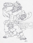 anthro claws digital_hazard duo ear_piercing fangs flaccid genitals innuendo male male/male markings muscular penis piercing standing surprise symbol tail tattoo teeth tkc2021 bandai_namco digimon mythology digimon_(species) dragon felid guilmon leomon mammal mythological_creature mythological_scalie scalie graphite_(artwork) greyscale hi_res monochrome traditional_media_(artwork)