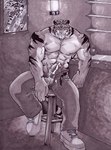 abs anthro balls bar barazoku belt biceps big_muscles big_penis biped bodily_fluids boots bottomwear clothed clothing cum erection felid footwear furniture genital_fluids genitals grisser humanoid_genitalia humanoid_penis inside looking_at_viewer male mammal markings monochrome muscular muscular_anthro muscular_male nipples pantherine pants partially_clothed pecs penis shoes sitting solo stool stripes tail tiger