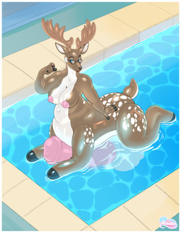 animal_genitalia animal_penis antlers big_penis blue_eyes border breasts brown_body equine_genitalia equine_penis erection eyewear eyewear_only featureless_breasts genitals glasses glasses_only gynomorph handle horn inflatable intersex nipples nozzle nude penis seam_(sewing) slightly_chubby smile solo swimming_pool tail water wearing_glasses white_border meganemausu animate_inanimate deer deer_taur living_inflatable mammal mammal_taur taur 2025 absurd_res digital_media_(artwork) hi_res