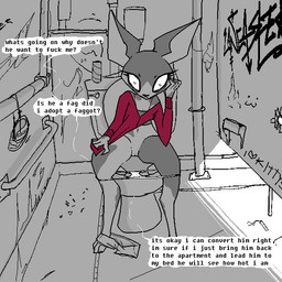 age_difference anthro bathroom bottomwear bottomwear_down clothed clothing dialogue eyelashes female genitals glory_hole hairless homophobia homophobic_slur navel older_female panties partially_clothed profanity public_restroom restroom_stall shorts shorts_down solo tail text underwear vulva naircat femnair domestic_cat felid feline felis hairless_cat mammal sphynx_(cat) 1:1 aliasing binary_drawing comic digital_drawing_(artwork) digital_media_(artwork) english_text