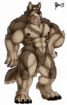 abs anthro biceps biped black_nipples blue_eyes brown_body brown_fur claws digitigrade fur grey_body grey_fur looking_at_viewer male muscular muscular_anthro muscular_male nipples nude pecs pose simple_background smile solo standing tail tan_body tan_fur toe_claws white_background maneater kobrin canid canine canis mammal wolf