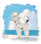 anthro beach belly bent_over blue_eyes blush bottomwear bulge clothing floppy_ears footwear fur male moobs navel nipples overweight overweight_male sandals seaside shoes shorts solo swimwear white_body white_fur return026 tamacolle tajima_(tamacolle) canid canine canis domestic_dog mammal absurd_res hi_res