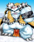 anthro asian_clothing belly blue_eyes bulge clothing east_asian_clothing fundoshi fur japanese_clothing male outside overweight overweight_anthro overweight_male solo underwear viking_helmet white_body white_fur mogpon bandai_namco digimon digimon_(species) mammal marine pinniped vikemon 2012 hi_res