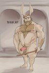 abdominal_scar abs anthro archway arm_hair balls beard bench biceps bodily_fluids body_hair chest_hair deltoids dialogue dripping erection facial_hair facial_scar feet forearm_hair forearms foreskin genital_fluids genitals hairy_balls happy_trail holding_melee_weapon holding_object holding_sword holding_weapon humanoid_genitalia humanoid_penis looking_at_viewer male manly mature_male melee_weapon musclegut muscular muscular_arms muscular_legs mustache nude pecs penis practice_sword precum precum_drip pubes scar shoulder_scar solo standing sword trainer triceps vein veiny_penis weapon hyponova lagomorph leporid mammal rabbit 2022 hi_res