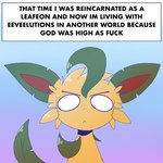 1:1 angry canid cel_shading cover eeveelution elemental_creature english_text feral flora_fauna fur generation_4_pokemon glare gradient_background green_body green_fur hi_res isaac_(ryder205) leaf leaf_hair leaf_tail leafeon leafeon_sekai mammal nintendo plant plant_hair pokemon pokemon_(species) profanity pseudo_hair quadruped ryder205 shaded simple_background small_mouth solo tail tan_body tan_fur text text_box wide_eyed