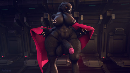 4_fingers abs balls big_balls big_breasts big_penis black_body breasts cape clothing fingers genitals gynomorph huge_balls huge_hips huge_penis huge_thighs intersex looking_at_viewer muscular muscular_gynomorph muscular_intersex nipple_piercing nipples penis piercing presenting presenting_penis red_cape red_clothing solo thick_thighs wide_hips rayhuma halo_(series) microsoft xbox_game_studios ter'ssa alien sangheili 2023 3d_(artwork) digital_media_(artwork) source_filmmaker_(artwork)