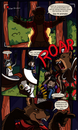 anthro campfire camping dialogue female forest holidays jumpscare night outside plant text tree magnificent-arsehole halloween bear lagomorph leporid mammal procyonid rabbit raccoon absurd_res comic english_text hi_res