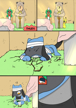 5_panel_comic ambiguous_gender anthro bandage beak beard bed bed_sheet bedding biped black_nose black_text blue_body brown_body cheek_spots clenched_teeth ellipsis exclamation_point eyes_closed facial_hair feathers feral fur furniture grass group holding_object holding_staff larger_male lying male motion_lines on_front on_ground open_mouth orange_eyes paws plant pupils question_mark red_cheeks rock size_difference sleeping smaller_ambiguous sound_effects staff standing tail tail_feathers teeth text tongue vowelless vowelless_sound_effect wall_(structure) white_pupils white_sclera wings yellow_body yellow_eyes zzz sawlamander nintendo pokemon pokemon_mystery_dungeon spike_chunsoft decidueye generation_1_pokemon generation_2_pokemon generation_4_pokemon generation_7_pokemon pikachu pikipek pokemon_(species) riolu ursaring 2026 comic english_text hi_res