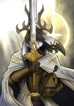 anthro antlers brown_hair cape clothing fantasy floppy_ears gold_(metal) hair horn lop_ears magic male medieval medieval_armor melee_weapon solo sword video_game_reference weapon simpleesteban elden_ring fromsoftware jackalope lagomorph mammal absurd_res digital_drawing_(artwork) digital_media_(artwork) hi_res