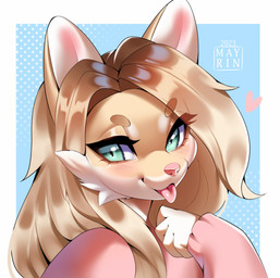 anthro blonde_hair blue_background blush border cheek_tuft clothed clothing countershade_face countershade_fur countershading eyebrow_through_hair eyebrows eyelashes eyelashes_through_hair facial_tuft female fur green_eyes hair heart_symbol long_hair long_sleeves looking_at_viewer pink_clothing pink_nose pink_sweater pink_tongue pink_topwear simple_background solo sweater tan_body tan_fur text tongue tongue_out topwear translucent translucent_hair tuft white_body white_border white_fur mayrin_(artist) plush_(mushyplushy) canid canine mammal 2023 absurd_res artist_name dated digital_media_(artwork) hi_res shaded