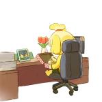 accessory anthro black_nose blonde_hair cameo chair clothed clothing desk dress female fur furniture hair hair_accessory photo short_hair solo table uniform yellow_body yellow_fur shiwashiwa_no_kinchakubukuru animal_crossing nintendo isabelle_(animal_crossing) villager_(animal_crossing) canid canine canis domestic_dog mammal shih_tzu toy_dog