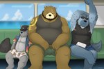 anthro belly big_belly bottomwear cellphone clothing detailed_background electronics eyes_closed eyewear group hat headgear headphones headwear inside kemono male overweight overweight_male phone scar shirt shorts sitting smartphone sunglasses topwear mtflying30371 bear canid canine canis hyena mammal wolf 2020 3:2 hi_res