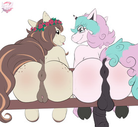 animal_genitalia animal_penis animal_vulva anus balls black_anus black_penis blue_hair blue_tail both_sexes_in_same_situation brown_anus brown_hair brown_markings brown_tail brown_vulva butt crown dock_(anatomy) duo equine_anus equine_genitalia equine_penis equine_vulva eyewear female feral flower freckles genitals glasses gradient_hair gradient_tail hair headgear horn looking_at_viewer looking_back male markings penis pink_hair pink_tail plant puffy_anus raised_tail rose_(flower) tail tan_body tongue tongue_out vulva white_body fennephilim_fox nintendo pokemon equid equine galarian_form galarian_ponyta generation_8_pokemon horse mammal pokemon_(species) pony regional_form_(pokemon) hi_res