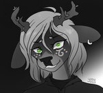 ambiguous_gender anthro antlers creepy creepy_smile ear_piercing ear_ring flower fur fur_markings green_eyes hair horn insane insane_eyes looking_at_viewer markings piercing plant ring_piercing smile solo white_hair yan yan_(character) deer mammal grey_theme hi_res monochrome nonbinary_(lore)