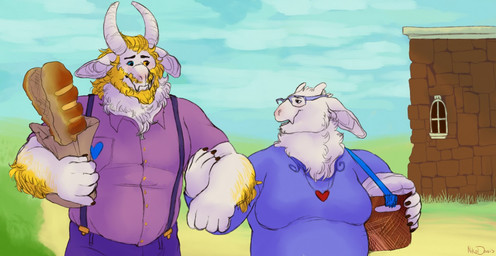 5_fingers anthro blonde_hair blue_eyes bread clothed clothing duo eyewear facial_hair female fingers food fur glasses hair heterochromia horn jewelry long_ears male male/female mature_anthro mature_female mature_male neck_tuft necklace orange_eyes overalls standing tuft white_body white_fur nikodavis undertale undertale_(series) asgore_dreemurr toriel boss_monster_(undertale) bovid caprine mammal
