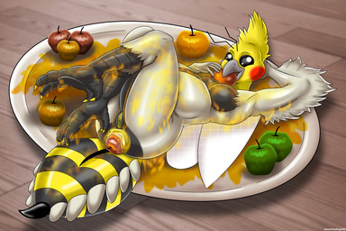 anal anal_penetration antennae_(anatomy) anthro anus apple arthropod_abdomen beak belly big_belly black_eyes breasts butt claws eating feathers featureless_breasts female food food_fetish food_insertion food_play fruit genitals grey_body grey_feathers improvised_sex_toy insect_wings looking_at_viewer messy nude penetration plant plate puffy_anus solo stinger toe_claws vulva wings yellow_anus yellow_body yellow_claws yellow_feathers yellow_vulva heartlessangel3d phoebe_the_queen_birbee arthropod avian bee bird cockatiel cockatoo hybrid hymenopteran insect parrot 3:2 absurd_res hi_res