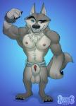 abs animal_genitalia anthro anthrofied athletic balls belt biceps biped black_nose blue_eyes boss fangs flexing fur genitals grey_body grey_fur grin male muscular muscular_anthro nipples one_eye_closed pecs penis penis_tip sheath smile solo standing teeth tuft wink kadohusky dreamworks madagascar_(series) north_wind the_penguins_of_madagascar agent_classified arctic_wolf canid canine canis mammal wolf 2015 hi_res