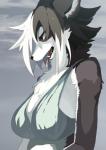 anthro big_breasts black_nose bra breasts chest_tuft clothed clothing female fur hair inner_ear_fluff kemono makeup mascara messy_hair multicolored_body multicolored_fur open_mouth outside red_eyes simple_background solo sports_bra tongue tongue_out tuft two_tone_body two_tone_fur underwear taracod ena_(taracod) canid canine mammal 2017 cel_shading digital_drawing_(artwork) digital_media_(artwork) half-length_portrait hi_res portrait shaded