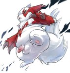 angry anthro anus balls belly butt claws erection fur generation_3_pokemon genitals hi_res looking_at_viewer low-angle_view male navel nintendo overweight pawpads penis pink_eyes pokemon pokemon_(species) solo storagepc white_body white_fur zangoose