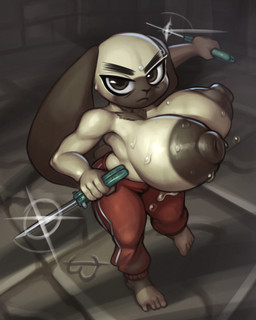 anthro areola barefoot big_breasts big_nipples black_areola black_nipples bodily_fluids bouncing_breasts breasts brown_body brown_eyes brown_fur brown_nipples clothed clothing feet female fur high-angle_view holding_knife holding_object huge_breasts jogging_pants knife looking_at_viewer multicolored_body multicolored_fur nipples solo sweat sweatdrop tan_body tan_fur thick_thighs topless topless_anthro topless_female two_tone_body two_tone_fur wabutt beastars kyuu_(beastars) lagomorph leporid mammal rabbit 2025 absurd_res hi_res