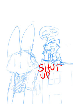 accessory ambiguous_gender anthro asking asking_another be_quiet bodily_fluids building bulletproof_vest carrot carrot_pen command crossgender dialogue duo embarrassed female food ftm_crossgender male mtf_crossgender necktie plant question simple_background species_in_dialogue speech_bubble sweat tag_question talking_to_another text vegetable white_background window yes-no_question masiewtf disney zootopia judy_hopps nick_wilde canid canine fox lagomorph leporid mammal rabbit red_fox true_fox english_text hi_res sketch