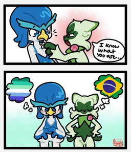 ambiguous_gender anthro beak blush brazilian_flag dialogue duo lgbt_pride nervous nude pride_colors simple_background speech_bubble standing text thought_bubble vincian_pride_colors flooffloof2 i_know_what_you_are nintendo pokemon floragato generation_9_pokemon pokemon_(species) quaxwell 2024 comic english_text signature