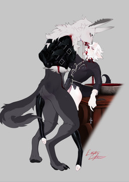 altar anthro anthro_on_anthro bite bite_mark bite_mark_on_neck blood blood_in_mouth blood_on_body bloodplay bodily_fluids butt clothing cum cum_while_frotting duo ear_piercing ejaculation fluffy frottage garter_belt garter_straps genital_fluids hooves latex latex_clothing latex_legwear latex_straitjacket legwear male male/male paws penile penises_touching piercing priest priest_robes religious_clothing religious_symbol restraints sex size_difference straitjacket tail thigh_highs tongue tongue_out emptylighter father_joseph_(monokurome) bovid canid canine canis caprine hybrid lagomorph mammal sheep werecreature werelagomorph wererabbit wolf hi_res