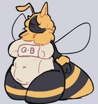 :> antennae_(anatomy) anthro arm_tuft arthropod_abdomen belly belly_rolls big_breasts biped black_body black_skin blonde_hair breasts clothed clothing female fluffy fluffy_hair grey_background hair hair_over_eye insect_wings looking_at_viewer mane mane_hair multicolored_body multicolored_skin navel neck_tuft non-mammal_breasts one-piece_swimsuit one_eye_obstructed overweight overweight_anthro overweight_female simple_background slightly_chubby slightly_chubby_female smile solo spiral_eyes standing swimwear text text_on_clothing text_on_swimwear thick_thighs tight_clothing tuft two_tone_body two_tone_skin wide_hips wings wrist_tuft yellow_body yellow_skin eerieviolet hunni_bea arthropod bee hymenopteran insect queen_bee digital_media_(artwork) english_text portrait three-quarter_portrait