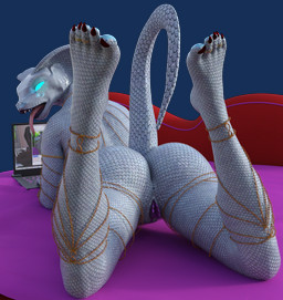 5_toes anthro biped blue_sclera chain colored_nails computer electronics eyebrow_piercing facial_piercing feet female genitals glowing glowing_eyes laptop looking_back lying machine nails no_pupils nose_piercing open_mouth piercing solo toes tongue tongue_out vulva bbdworks syndra_(bbd-works) android reptile robot scalie snake 3d_(artwork) alpha_channel digital_media_(artwork) hi_res