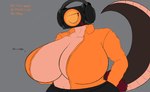 big_breasts breasts female orange_eyes simple_background solo tail text emberdibuja mythology skibidi_toilet emberblaze dragon humanoid mythological_creature mythological_scalie scalie absurd_res hi_res spanish_text