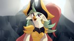 anthro armor clothing eyeshadow female green_eyeshadow green_hair hair hat headgear headwear makeup markings mole_(marking) red_eyes shoulder_guards solo zidanemina friendship_is_magic hasbro my_little_pony my_little_pony:_the_movie_(2017) captain_celaeno_(mlp) avian bird parrot 16:9 4k absurd_res hi_res widescreen