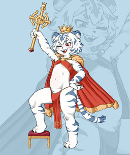anthro bottomwear bulge claws clothing crown digitigrade flaccid fur furniture genitals hair headgear kemono loincloth male mantle navel one_eye_closed penis penis_base red_eyes scepter sharp_teeth simple_background smile solo standing stool striped_body striped_fur stripes teeth toe_claws white_body white_fur young young_anthro young_male hundsie vtuber azura_safir felid mammal pantherine tiger 2025 absurd_res digital_media_(artwork) hi_res