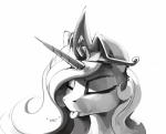 crown eyes_closed female feral hair headgear horn simple_background solo text tongue unicorn_horn white_background dimfann friendship_is_magic hasbro my_little_pony mythology princess_celestia_(mlp) equid equine mammal mythological_creature mythological_equine unicorn absurd_res english_text greyscale hi_res monochrome