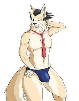 5_fingers accessory alternate_species anthro biped black_eyebrows black_hair blue_clothing blue_underwear blush blush_lines bodily_fluids bulge cheek_tuft clothed clothed_anthro clothed_male clothing detailed_bulge eyebrows facial_tuft fingers fur furrification genital_outline glistening glistening_eyes hair hand_behind_head inner_ear_fluff looking_at_viewer male male_anthro multicolored_body multicolored_fur multicolored_tail navel neck_tuft necktie one_eye_closed penis_outline pointy_ears prick_ears red_necktie simple_background smile smiling_at_viewer solo standing sweat tail tan_body tan_fur tan_tail teeth tuft two_tone_body two_tone_fur underwear white_background white_body white_fur white_inner_ear_fluff white_tail wink winking_at_viewer killer._ez ace_attorney capcom phoenix_wright canid canine mammal 2024 absurd_res digital_drawing_(artwork) digital_media_(artwork) hi_res